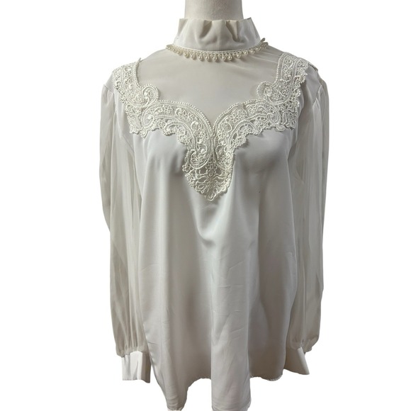 Marie Michaels Vintage Blouse. Lace & Pearls Accents Mock Collar Sz 14 - Picture 1 of 7